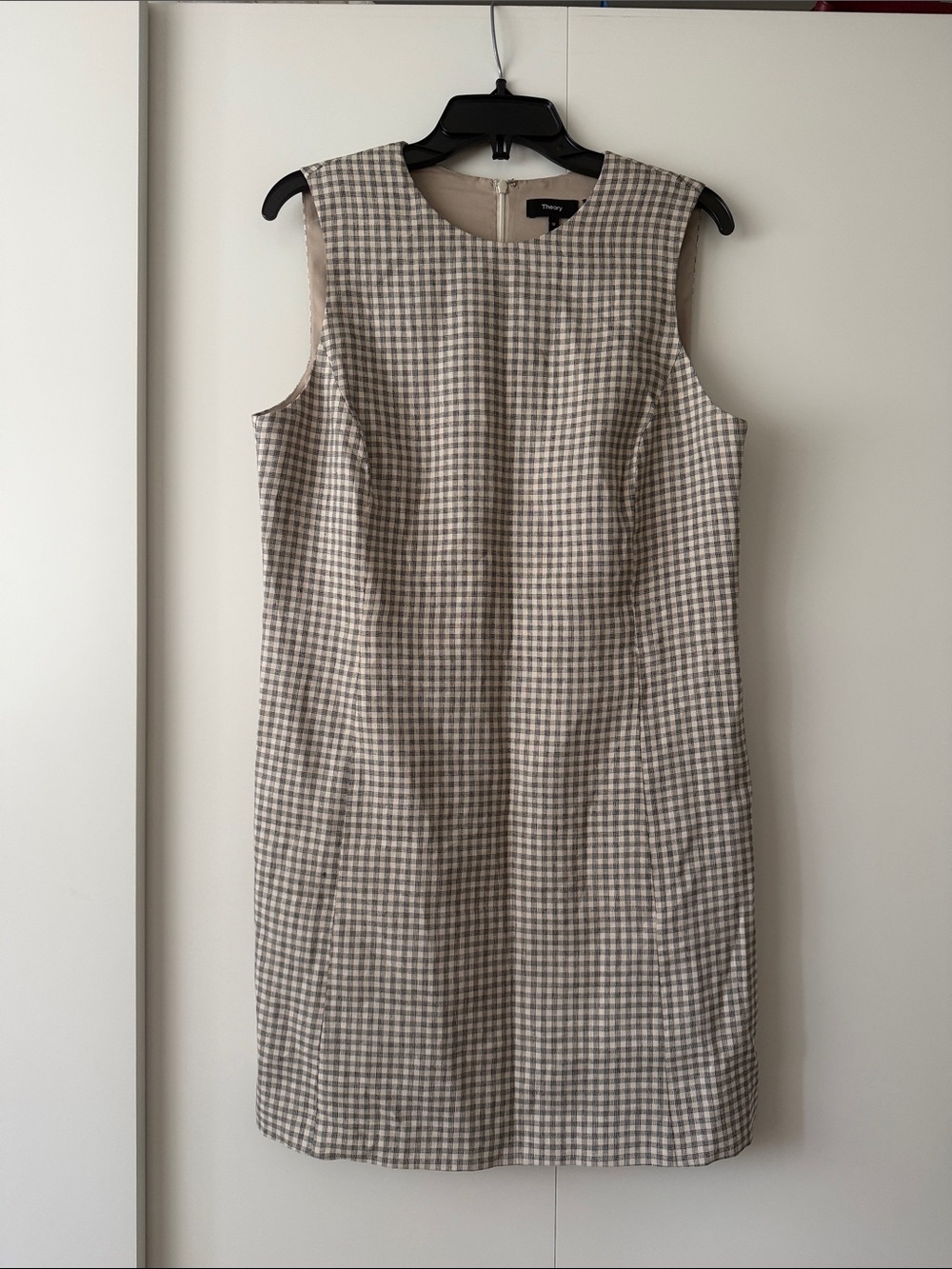 Theory Beige and White Gingham Sheath Dress